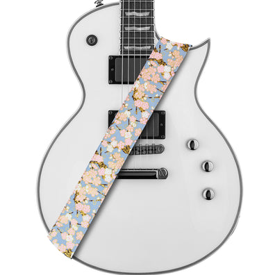 AMUMU Pink Floral Cotton Guitar Strap with Vegan Leather Ends | Cherry Blossom Japanese Print for Acoustic, Electric & Bass Guitars | Gift Set with Strap Blocks & Headstock Tie – 2" Wide -CV03P-PK-V